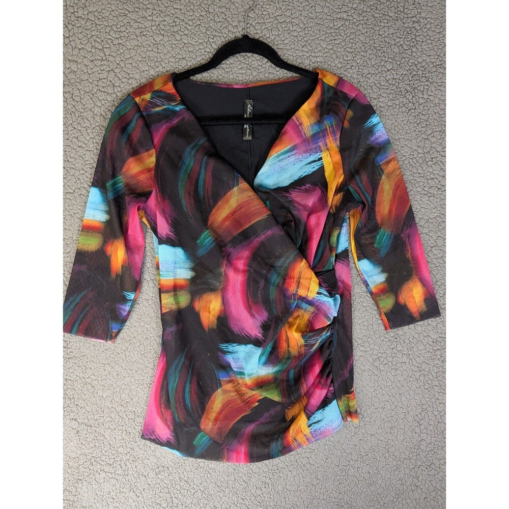 Elana Kattan Women's Top Black Mesh Abstract Print 3/4 Sleeve V Neck Art Floral